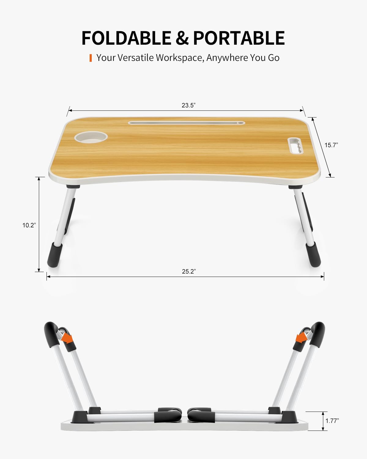 FISYOD Foldable Laptop Table, Portable Lap Desk Bed Table Tray, Laptop Stand with Cup Holder & Tablet Slot & Lifting Handle for Working Writing Drawing & Eating (Wood)