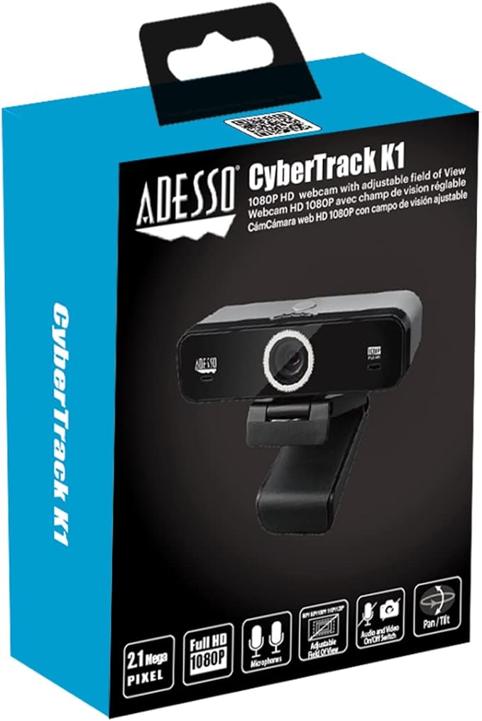 Adesso CyberTrack K1 1080P Full HD Fixed Focus USB Webcam with Adjustable View Angle Built-in Dual Microphones, Privacy Shutter, Audio/Video Mode Privacy ON/Off Switch & Tripod Mount