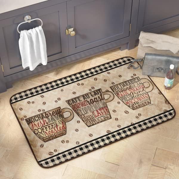 J&V TEXTILES Anti Fatigue Cushioned Comfort Mat, Ergonomically Durable, Supportive, Padded, Thick and Washable, Stain-Resistant, Kitchen, Garage, Office Standing Desk Mats (Coffee Words)