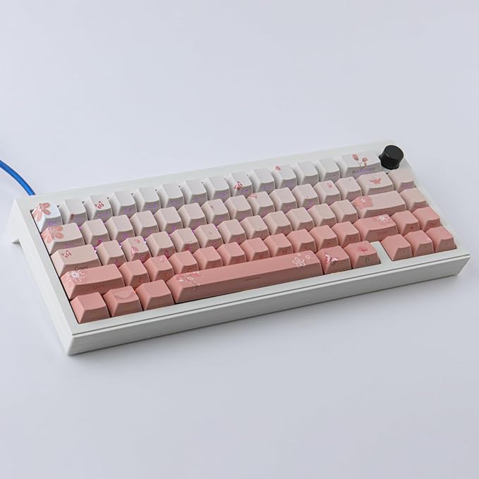 Tsungup PBT Keycaps Cherry Blossom Keycap Set - Custom Side Printed Pink Keycaps,135 Keys Gradient DoubleShot Sakura Key caps Cherry Profile Keyboard Key caps for Mechanical Keyboards