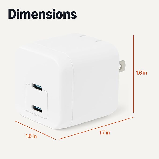Amazon Basics Fast Charging USB C Nano GaN Wall Charger, 35W 2-Port for Tablets Phones, White