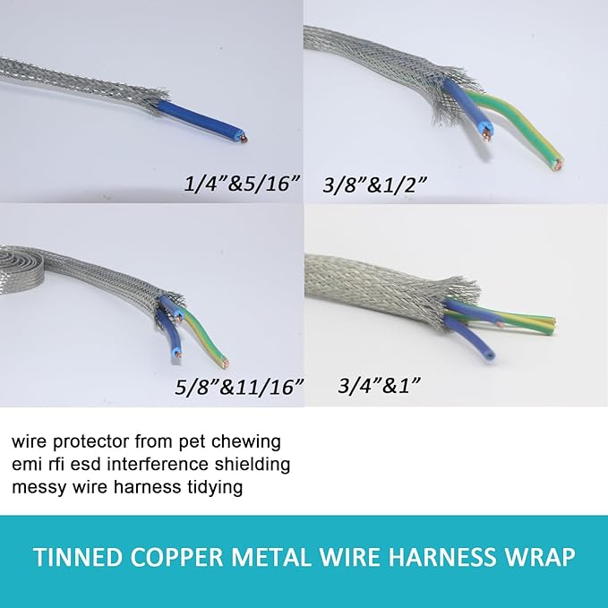 Tinned Copper Braided Cable Shielding Sleeve Metal Wire Loom Sheathing EMI RFI ESD Protector Grounding Mesh Flat Tubular Expandable 3/8" W(0.24" ID)-35FT