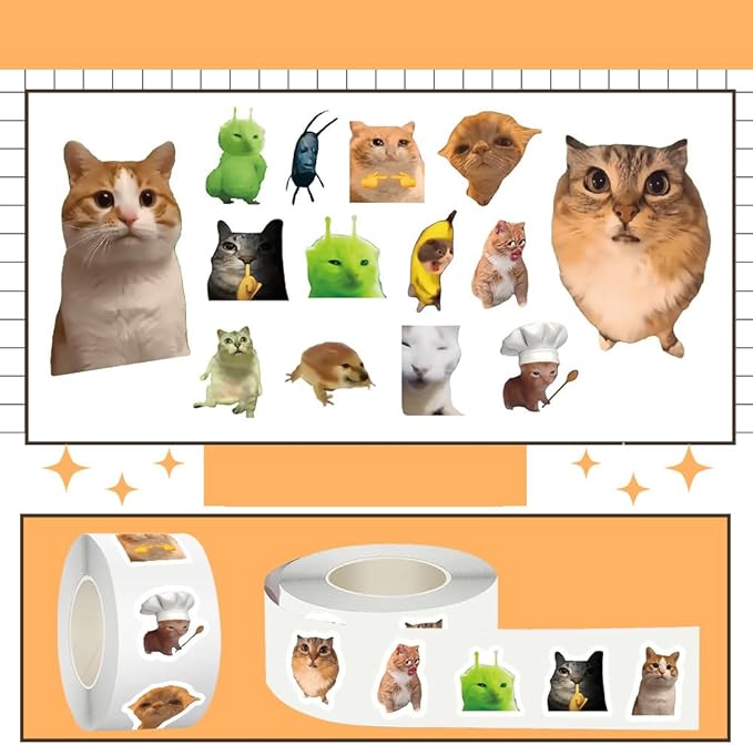 500PCS Funny Cat Stickers 14 Styles Sticker Rolls Cartoon Cute Kitty Stickers Cat Party Favors Waterproof Vinyl Stickers for DIY Crafts, Journals, Planners, Laptop