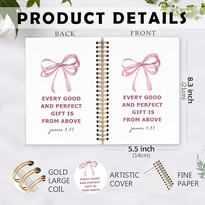 dvhdajed Coquette Christian Spiral Notebook, Bible James 1:17 Journaling Journaling Notebooks, Pink Bow Prayer Spiral Journal for Girls Women, Preppy Religious Office School Supplies Gifts,5.5x8.3 In