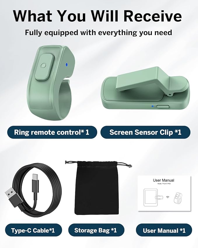 Page Turner Ring for Kindle, Remote Control Paperwhite Oasis Scribe Kobo eReaders, Page Turner Clicker for Kindle iPhone ipad Tablets with Camera Video Record & Shutter Selfie Matcha Green