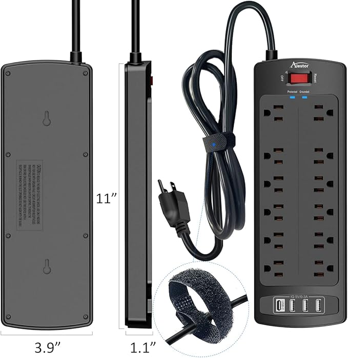 Power Strip, ALESTOR Surge Protector with 12 Outlets and 4 USB Ports, 6 Feet Extension Cord (1875W/15A), 2700 Joules, ETL Listed, Black