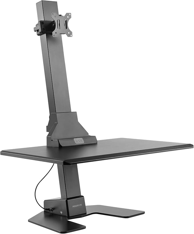 Mount-It! Electric Standing Desk Converter - Motorized Sit-Stand Desk Riser with Monitor Mount, Standup Powered Desktop Lift for Single Monitor up to 32", 28" Wide Keyboard Tray, Adjustable Height