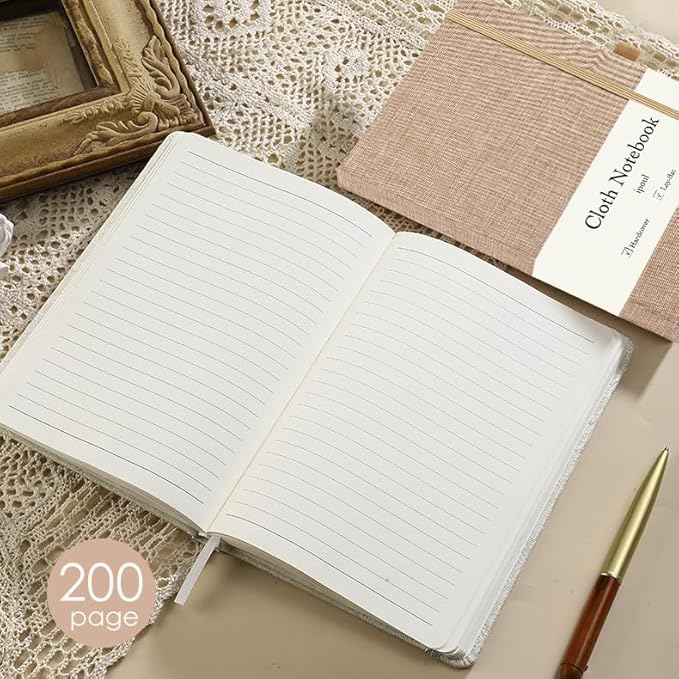 ipoul Linen Journal, A5, 8x6, Ruled Notebook, Journal for Writing, Hardcover, Lay Flat, with Band Closure & Pen Holder, Pink