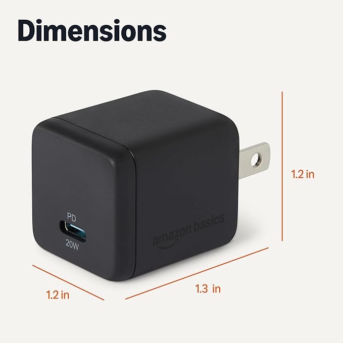 Amazon Basics Fast Charging USB C Nano GaN Wall Charger, 20W 1-Port PD 3.1 for Tablets Phones, Black