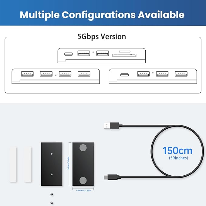 EJAY 5-in-1 Magnetic USB 3.0 Hub with SD/TF Card Reader, 2 USB-A + 1 USB-C Ports, Includes Sliding Rail, Screws & Sticky Pads for MacBook Laptop PC