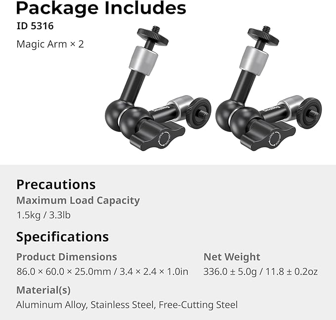 SMALLRIG 5.5-inch Magic Arm 2-Pack, Articulating Adjustable Friction Arm Mount with 1/4"-20 Thread Screw, for Camera Monitor/LED Light Setup, 5316