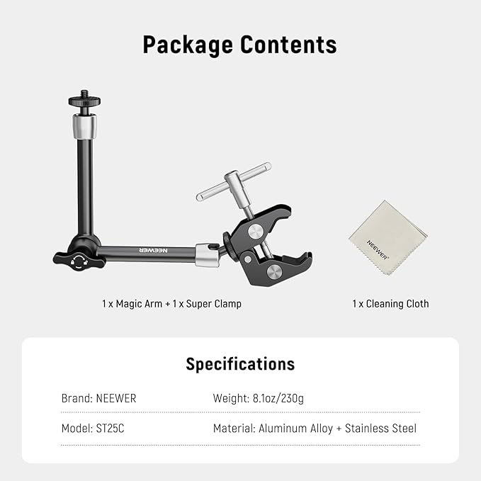 NEEWER 9.8"/25cm Magic Arm with Super Clamp & Cleaning Cloth, 1/4" & 3/8" Threads for Flash/LED Light/Microphone/DSLR Camera Monitor Compatible with SmallRig Camera Cage, Max Load: 4.4lb/2kg, ST25C