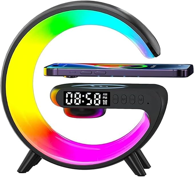 Mini Wireless Speaker with Atmosphere Light, Wireless Charging, Alarm Clock and Bedside Lamp (Black)