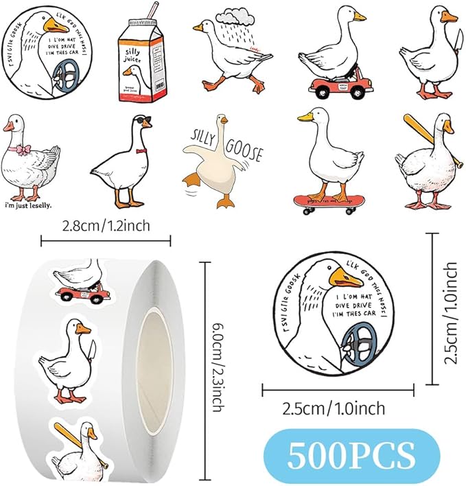 500 Pcs Duck Stickers Roll, 10 Styles Cartoon Cute Duck Stickers for Teens, Waterproof Vinyl Stickers for Journal Scrapbook, Party Favors, Classroom Rewards, Laptop & Water Bottle Deca
