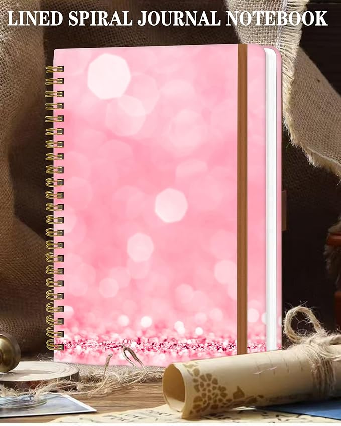 Spiral Journal Notebook for Women, Hardcover A5 College Ruled Notebook, 120 Pages, Thick Paper, Cute Lined Journal for School, Office & Work, 6 x 8.4 in(Pink Glitter)