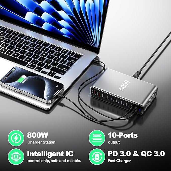 800W USB C Charger,GaN 10 Ports USB Charger,Multiple Plug Fast Charger Laptop Charger,PD Power Adapter Compatible with MacBook Pro/Air/Dell/iPhone/Galaxy/Laptop/Tablet/Mobile