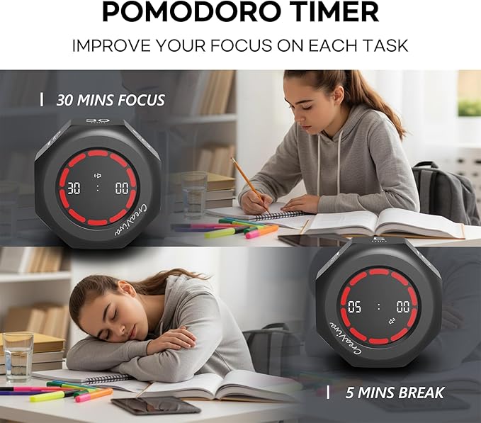 Pomodoro Timer, Flip Cube with 7 presets Countdown, Count up, Rechargeable Small Portable Visual Focus Stopwatch for ADHD, Kids, Classroom, Kitchen, Work, Study, Productivity (Space Grey)
