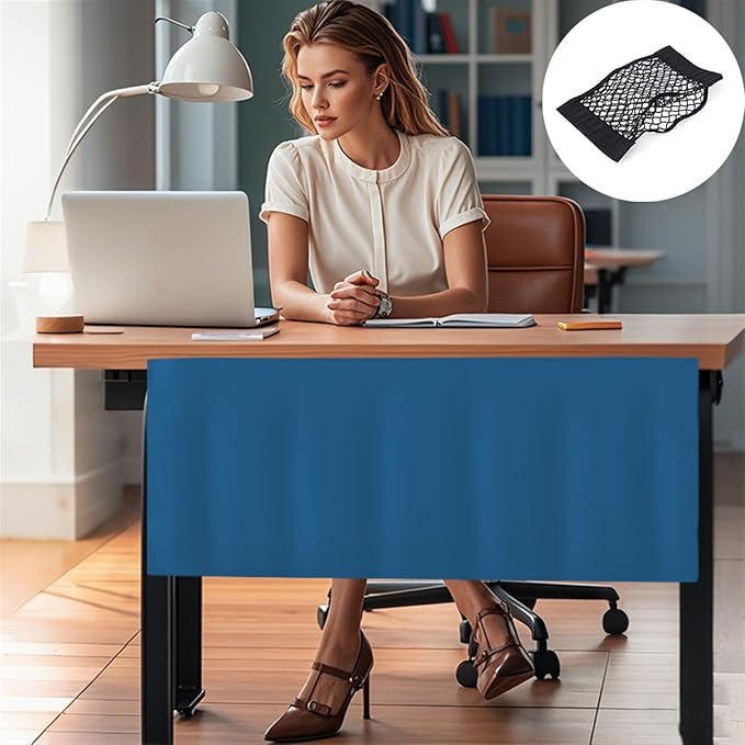 Icegrey 60.8" Under Desk Privacy Panel with Cable Management Organizer Net Self-Adhesive Modesty Panel for Cord Organizer Pockets and Desk Skirt for Home Office or Standing Workstation, Dark Blue