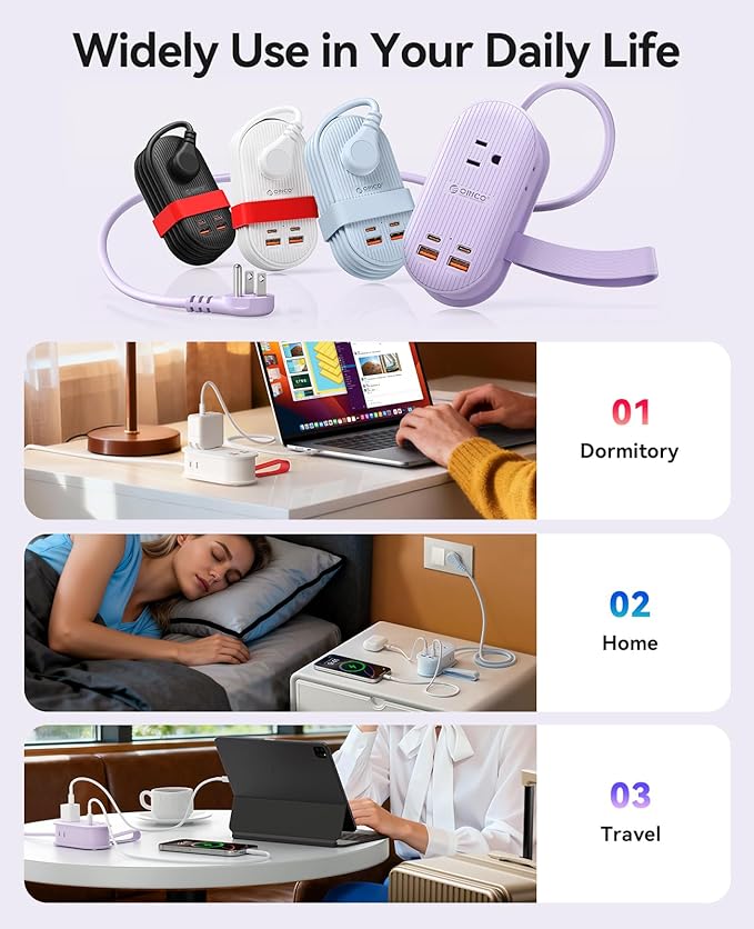ORICO 45W Power Strip for iPhone 17 and Galaxy S25, 7 in 1 Charging Station with 3AC, 2 USB-A, 2 USB-C, 4ft Thin Extension Cord, Flat Plug Fashion Essential for Travel/Home/Office/Library/Dorm - TK45