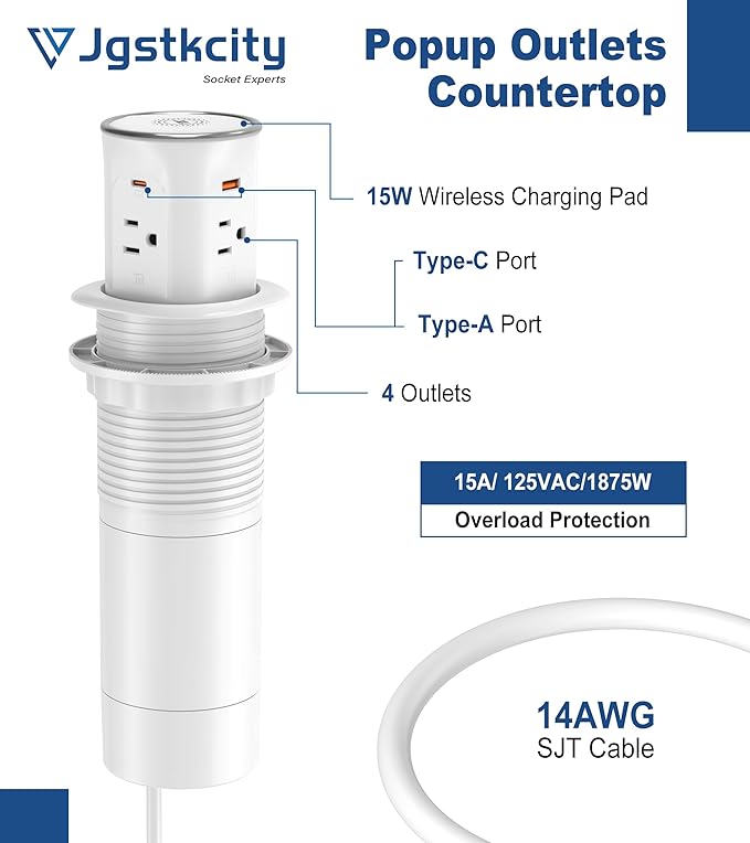 Jgstkcity Pop Up Outlet for Countertop 3.15-inch Desk Wire Hole Insert,9-in-1 Power Strip with 15W Wireless Charger,4 Outlets 4 USB Ports,15Amp Tamper Resistant Receptacle, ETL Listed