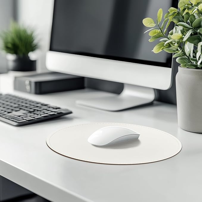 Mouse Pad,Round Mouse Pad,PU Mouse Pad,Leather Mouse Pad with Stitched Edge Micro-Fiber Base with Non-Slip Waterproof,Mouse Pad for Computers,Laptop,9 x 9 Inch (Lily White)