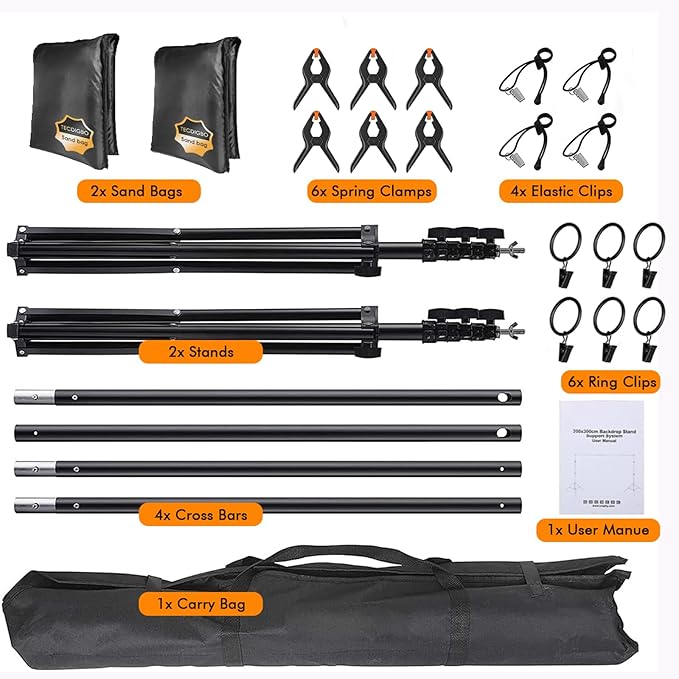Backdrop Stand, Photo Video Studio 8.5 x10ft Adjustable Background Support System Kit with 2 Sandbag, 6 Backdrop Spring Clamp and Carry Bag for Photoshoot, Parties, Baby Shower, Birthday, Wedding
