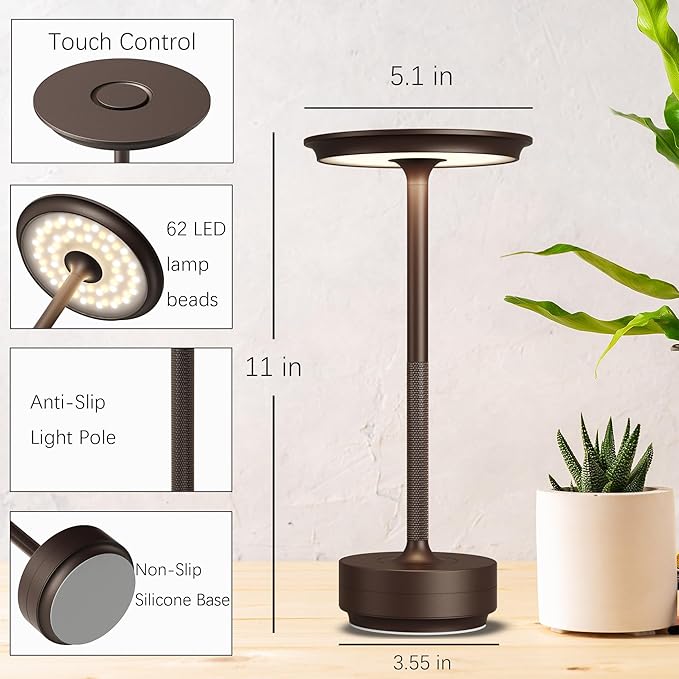Rechargeable Cordless Table Lamps, 5000mAh Portable LED Table Light, 3 Color Stepless Dimming Battery Powered Metal Table Lamp for Outdoor Patio/Bedroom/Restaurant.(Brown)