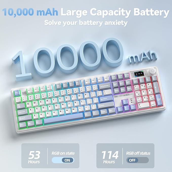 LINGBAO K108 Pro Wireless Mechanical Keyboard with Screen & Knob, Full Size Creamy Keyboard with Number Pad, 10000mAh Battery, PBT Keycaps, RGB Backlit, Hot-swappable Gaming Keyboards