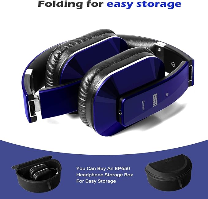 August EP650 Bluetooth Wireless Over-Ear Headphones with aptX Low Latency, NFC, Multipoint Pairing, Wired Option, Built-in Microphone - Blue