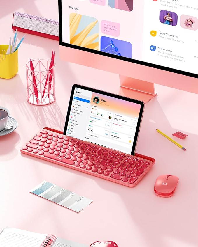 seenda Bluetooth Keyboard and Mouse for iPad, CTU-301 Wireless Multi-Device Connection Bluetooth+2.4G Keyboard Mouse Combo with Tablet Holder for iPad/MacBook/Windows, iOS/Andriod/Phone, Coral Pink