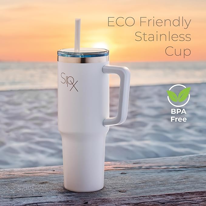 SIPX™ 30 oz Insulated Tumbler with Handle & Straw – Vacuum Insulated Stainless Steel, Leakproof, Cupholder Friendly – Perfect for Iced Coffee, Water & Travel – White