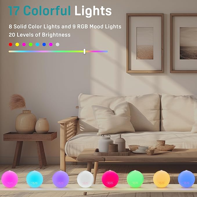 JALL Wake Up Light Sunrise Alarm Clock for Kids, Heavy Sleepers, Bedroom, White Noise Sound Machine with 17 Nihgt Lights, 25 Soothing Sounds, Bluetooth Speaker, Dual Alarms, FM Radio, Wood Grain
