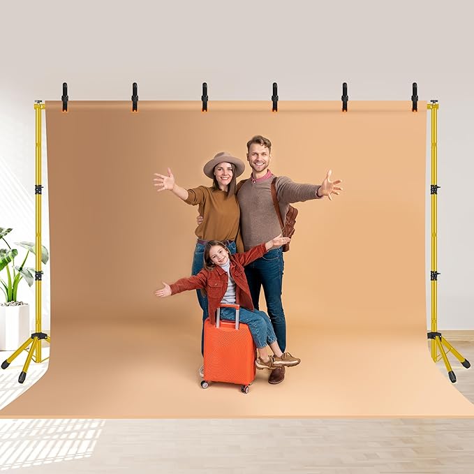 JSungo Backdrop Stand, Adjustable 10x7.5 FT Background Stand Backdrop for Parties, Photo Video Studio, Portable Photography Backdrop Stand with Carrying Bag, 6 Backdrop Clamps, and 2 Stand Bags, Gold