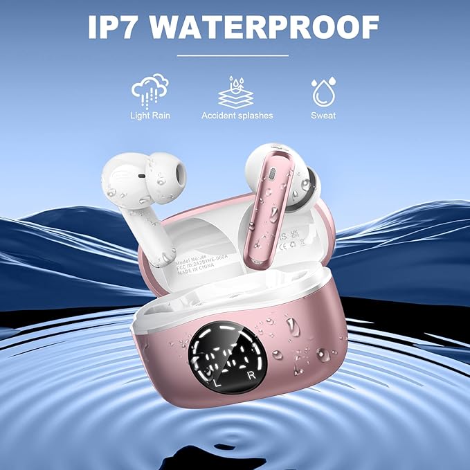 Wireless Earbuds, Bluetooth Headphones 5.4 HiFi Stereo Ear buds with ENC Noise Cancelling Mics, 48H Bluetooth Earbuds with LED Display Charging Case, IP7 Waterproof Earphones for Android iOS, Rosegold