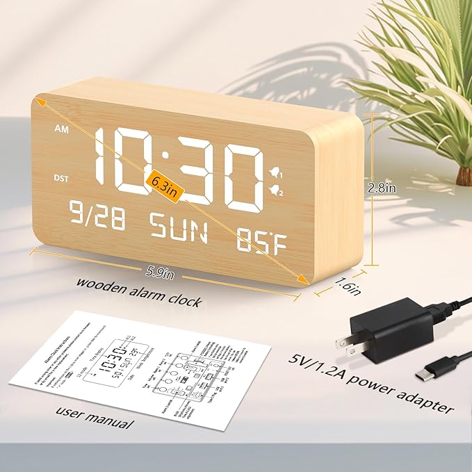 Fomobest Wooden Digital Alarm Clock for Bedroom -Desk Clock with Date, Day of Week, Temperature, Dual Alarms, Dimmer, USB Port Charge, DST, Adjustable Volume for Living Room/Office Wood Decor (Bamboo)