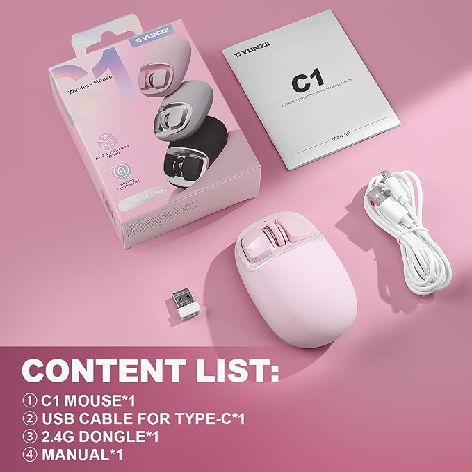 YUNZll C1 Silicone Wireless Mouse, Tri-Mode 2.4G/USB-C/Bluetooth Mouse, 4800 DPl Optical Tracking, 6 Adjustment Levels,Customize Mice for Laptop, Computer, iPad, MacBook (Pink)