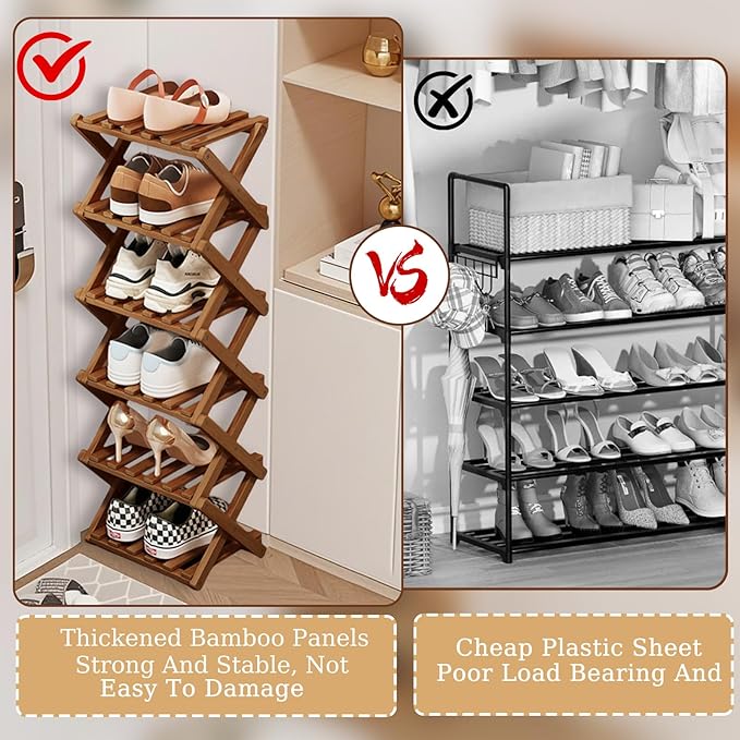 Comeon Bamboo Shoe Rack, Foldable Vertical Shoe Rack for Front Door Entrance Narrow Shoe Organizer Small Shoe Shelf for Entryway Shoe Storage Closet Multi-Tier (Brown Colors,5 Layers)