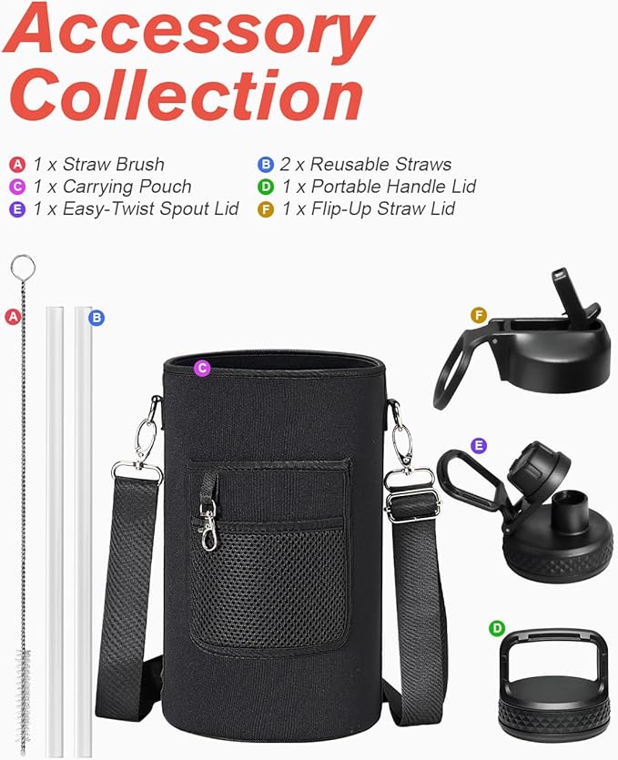 Coolflask 128 oz Gallon Water Bottle Insulated with Straw&3 Lids, Water Jug Large Stainless Steel Metal Vacuum Wide Mouth for Sports, Gym or Office, Non-BPA Keep Cold 48H Hot 24H, Dark Grey