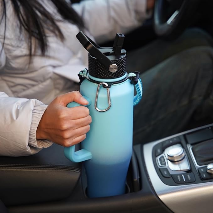 BJPKPK Insulated Water Bottles with Straw Lid, 35oz Metal Water Bottle with 2 lids & Paracord Strap, Double Wall Stainless Steel Vacuum Tumblers, Cups, Mugs, Thermo for Hot& Cold Drinks, Sky