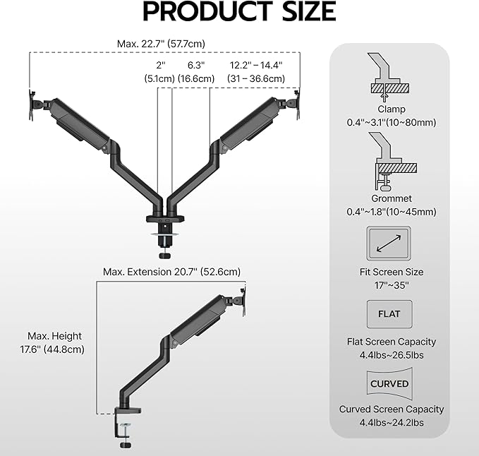 ARES WING Dual Monitor Mount, Heavy Duty Monitor Arms for 2 Monitors for 17-35 Inch, Fully Adjustable Monitor Desk Stand Ultrawide Screen, VESA 75x75 or 100x100mm, Black