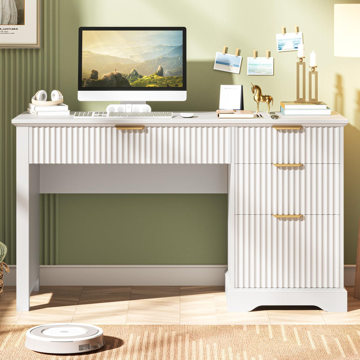 Vabches Fluted Executive Desk with Drawers, Wood Computer Desk with Ample File Drawer, Home Office Desk with Storage for Study, Bedroom, Living Room, White