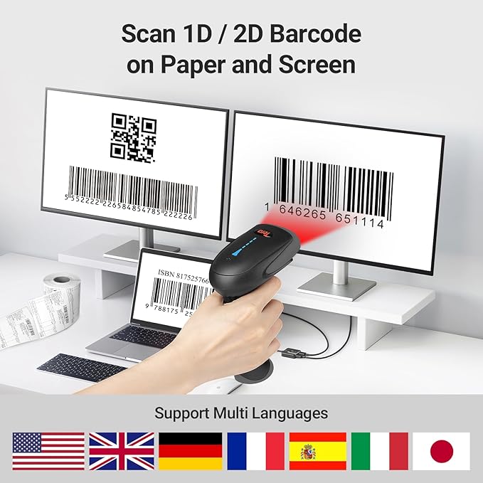 Tera Barcode Scanner Wireless 1D 2D QR with Stand: Battery Level Indicator 3 in 1 Works with Bluetooth 2.4G Wireless USB Wired Handheld Bar Code Reader with Vibration Alert HW0002 Grey