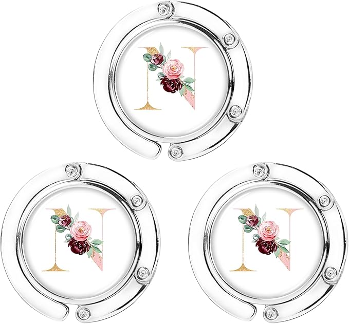 Iqimott 3pcs Personalized Initial Foldable Purse Hook for Table, Flower Letter Folding Handbag Hanger Portable Magnet Table Hook Holder, Collection Desk Purse Hooks for Women Bag (Pink-N)
