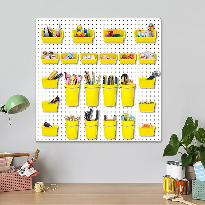 Roowest 60 Pcs Pegboard Cups Pegboard Bins Set, Wall Organizer with Hooks and Loops, Hooks Assortment Organizer Accessory for Office Storage Garage Craft Workshop(Yellow)