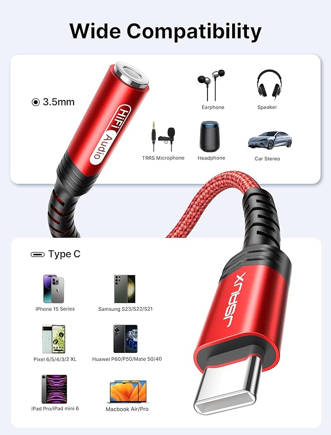 JSAUX 2-Pack USB Type C to 3.5mm Female Headphone Jack Adapter, USB C to Aux Audio Dongle Cable Cord Compatible with iPhone 17 Pro Max/16 Pro/15 Plus/15, Samsung Galaxy S23/S22, iPad Pro, Pixel - Red