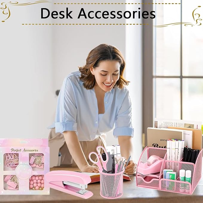 Office Supplies,Desk Accessories,Stapler and Tape Dispenser Set,1000 Staples,Staple Remover,Pen Holder,Folding Phone Holder,Journal Notebook,Ballpoint Pen,Scissor,Ruler,Clear Tape,Sticky Notes,Ect
