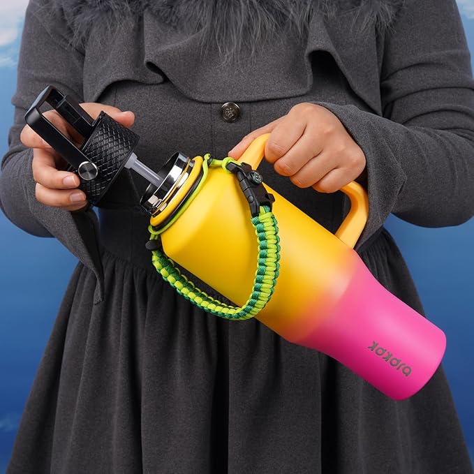 BJPKPK Insulated Water Bottles with Straw Lid, 35oz Metal Water Bottle with 2 lids & Paracord Strap, Double Wall Stainless Steel Vacuum Tumblers, Cups, Thermo for Hot& Cold Drinks, Pink & Yellow Rose