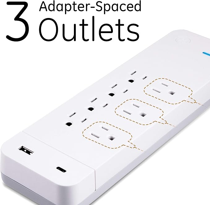 GE UltraPro 7 Outlet Surge Protector, USB-C Charging, 4 ft Designer Braided Extension Cord, 1440 Joules, ETL Listed, White, 41355