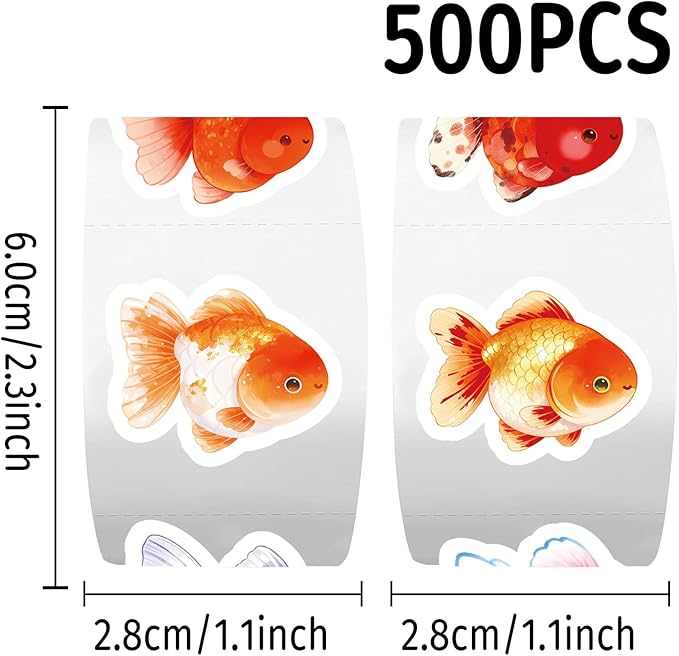 500 Pcs Goldfish Stickers Roll, 10 Styles Cute Cartoon Goldfish Stickers for Teens, Waterproof Vinyl Stickers for Journal Scrapbook, Party Favors, Classroom Rewards, Laptop & Water Bottle Decal