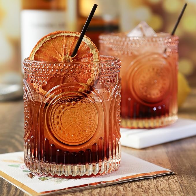 Ribbed Retro Arch Floral Rose Gold Drinking Glasses Set of 6, (10 oz) Vintage Glassware Set by Kate Aspen| Cocktail Glass Set, Juice Glass, Water Cups | Great Hostess Gift & Gift for New Home Owners